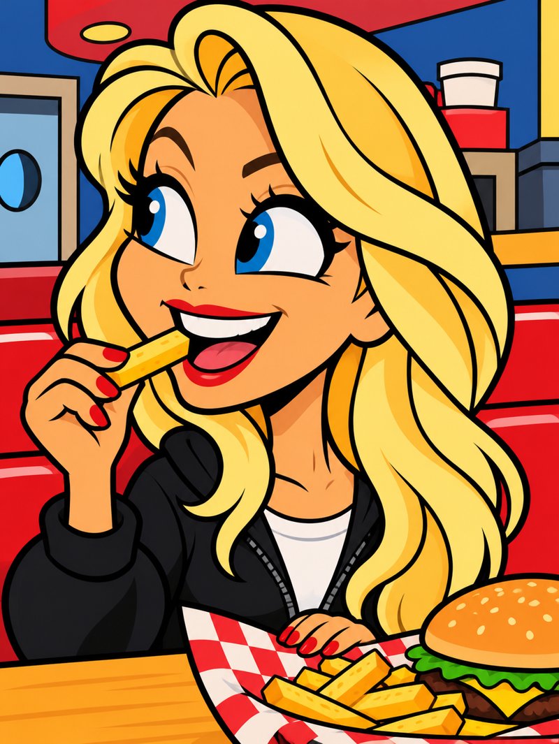 Cartoon of Ashlee eating a fry in a red diner booth with a burger and basket of fries